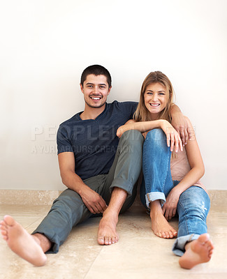 Buy stock photo Portrait, smile and couple on the floor, love and bonding with quality time, happiness and relationship. Romance, man and woman on the ground, relax and cheerful in an apartment, home and romantic