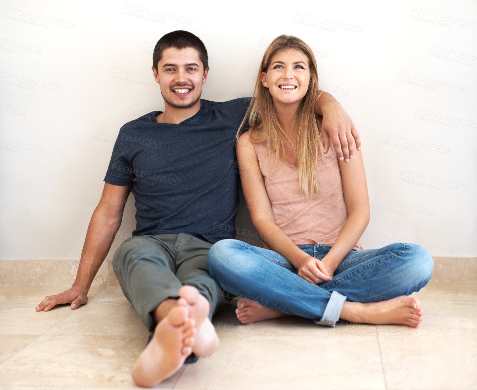 Buy stock photo Relax, portrait or happy couple on floor in new house for love with support, smile and soulmate. Property, chill and people bonding in marriage relationship together for home or security in Spain