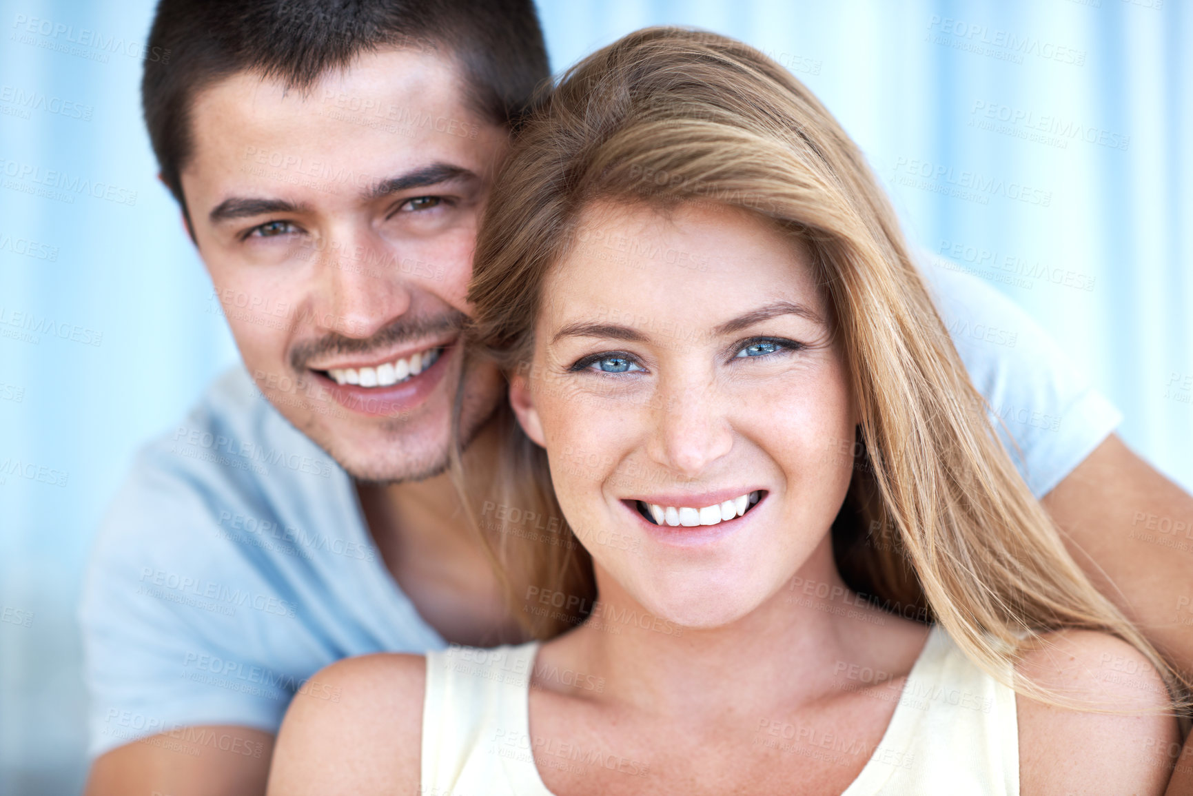 Buy stock photo Happy, hug and portrait of couple in home for marriage, commitment and romantic connection. Woman, man and affection with smile in house for love, care or bonding together on weekend break in morning