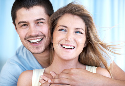 Buy stock photo House, hug and portrait of couple with smile for marriage, commitment and romantic connection. Man, woman and affection with happiness at home for care, love and bonding together on weekend break