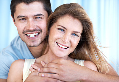 Buy stock photo Happy, hug and portrait of couple in house for commitment, marriage and romantic connection together. Man, woman and affection with smile in morning at home for love, care or bonding on weekend break