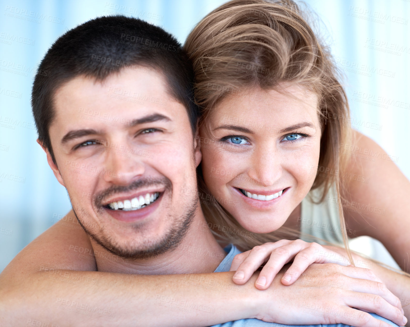 Buy stock photo Happy, hug and portrait of couple with smile for marriage, commitment and romantic connection. Man, woman and relaxing with affection at home for bonding, care and love together on weekend break