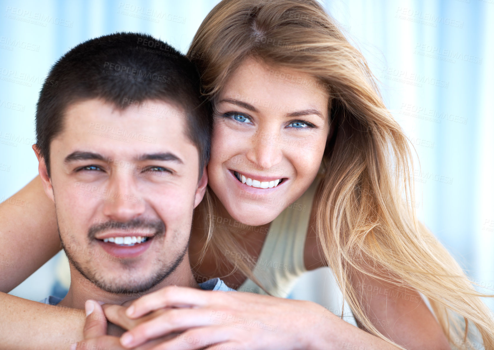 Buy stock photo Happy, relax and portrait of couple with hug for marriage, commitment and romantic bonding. Woman, man and smile with affection at home for love, care and connection together on weekend break