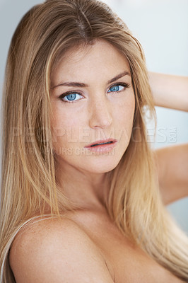 Buy stock photo Cropped head and shoulders portrait of a beautiful young nude woman 