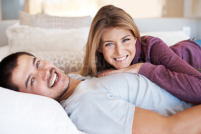 Buy stock photo Love, marriage and portrait of happy couple on bed to relax, bonding and spending quality time together in home. Relationship, man and woman in bedroom with romance, embrace and smile in apartment.