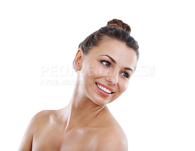 Buy stock photo Beautiful young woman with bare shoulders smiling while isolated on a white background