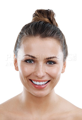 Buy stock photo Portrait of a beautiful young woman with perfect skin smiling against a white background