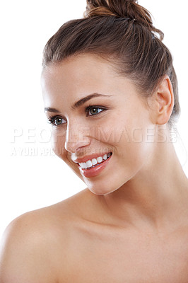 Buy stock photo Beautiful young woman with bare shoulders smiling while isolated on a white background