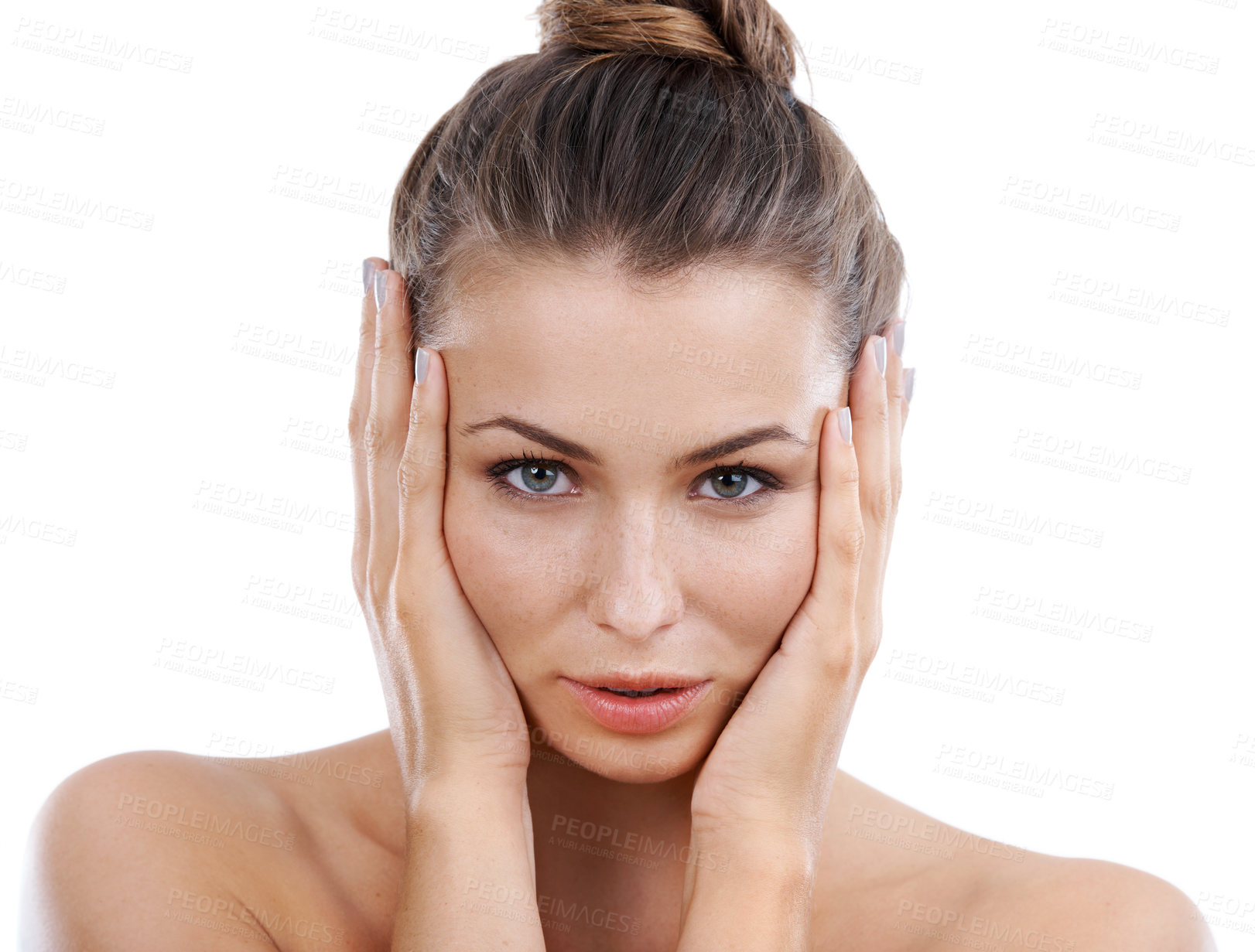 Buy stock photo Gorgeous young woman touching her skin while isolated on a white background