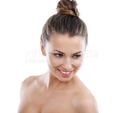 Buy stock photo Beautiful young woman looking down while isolated on a white background