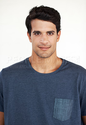 Buy stock photo Young man, portrait and casual with fashion for style, tshirt or positive attitude on a white studio background. Male person, caucasian or handsome model with smile in cool outfit or blue sweater