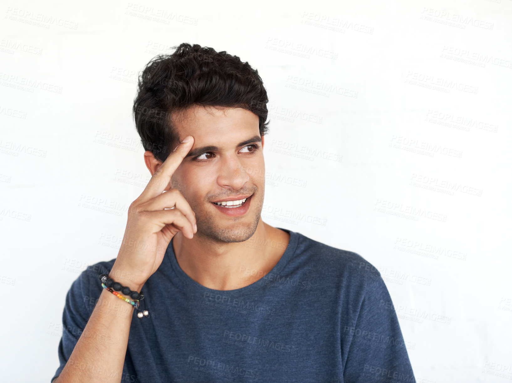 Buy stock photo Man, thinking and idea in studio with casual fashion, trendy style and confidence isolated on white background. Student, smile and contemplating, pride and positive expression with outfit or clothes