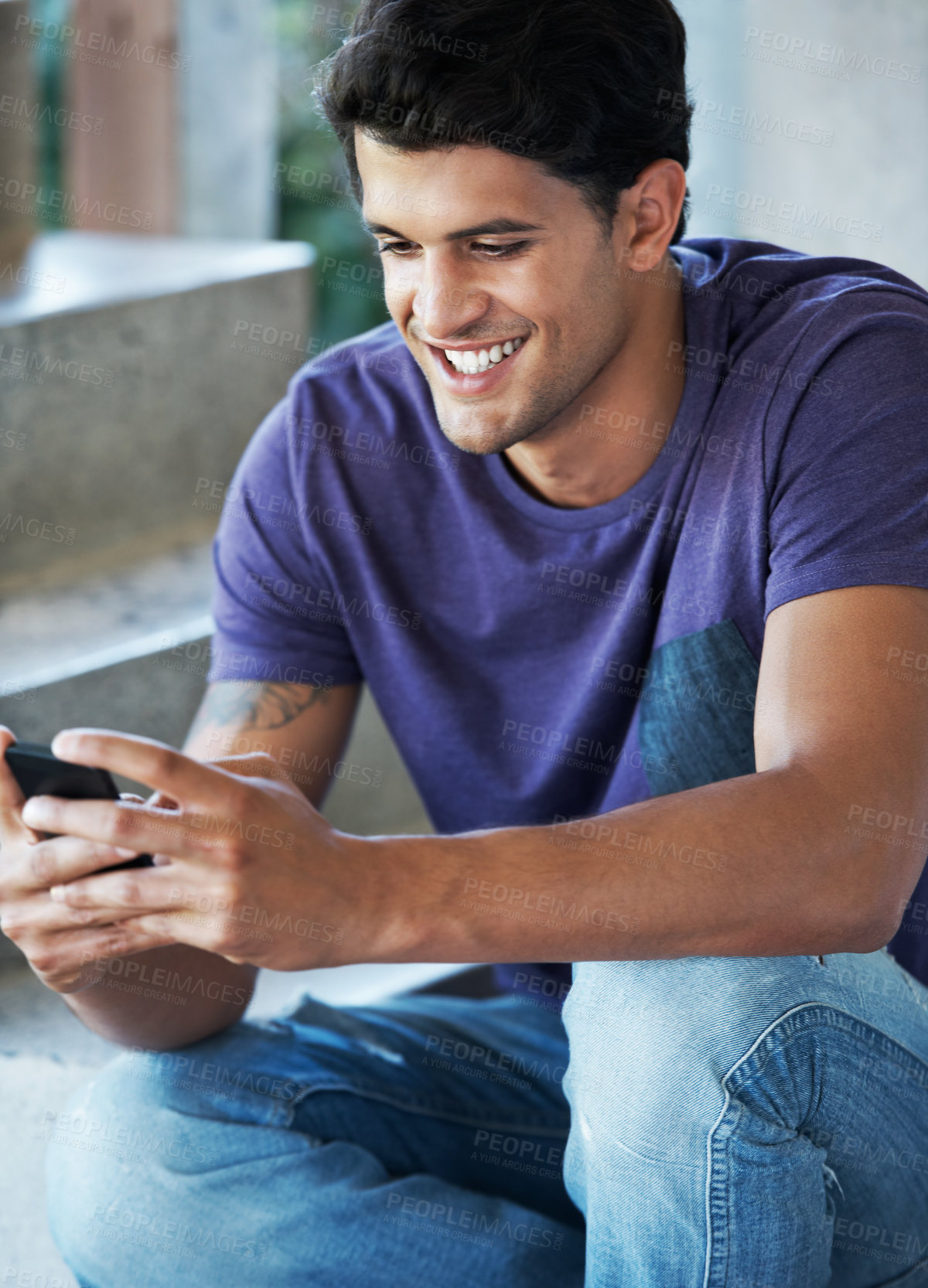 Buy stock photo Smile, typing and man with smartphone, connection and social media with communication. Person on steps, mobile user and guy with cellphone, website info and message to contact, happiness and texting