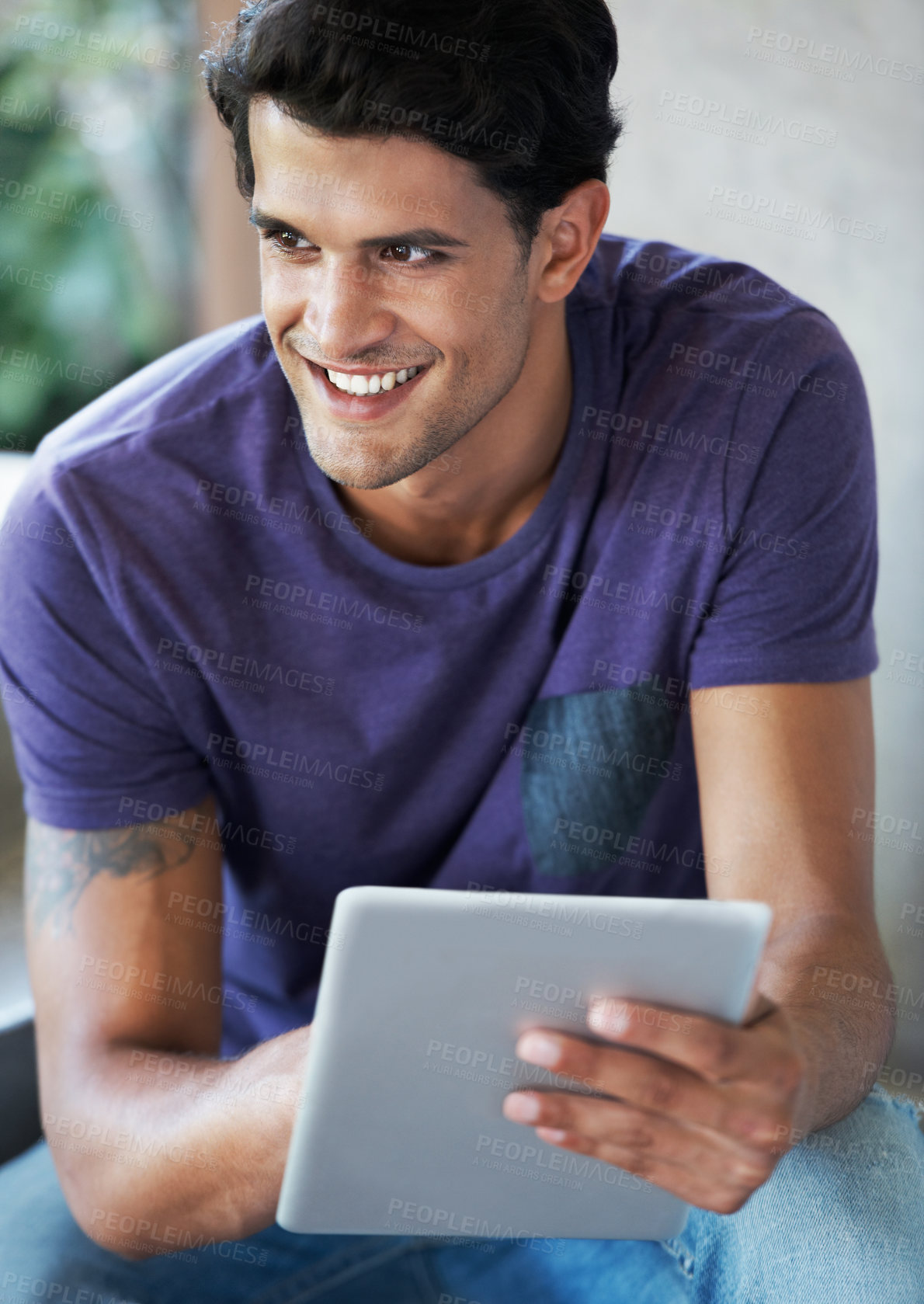 Buy stock photo Happy man, browsing and scrolling with tablet for social media, communication or news in casual clothing. Young, male person or handsome user with smile on technology for online content or app