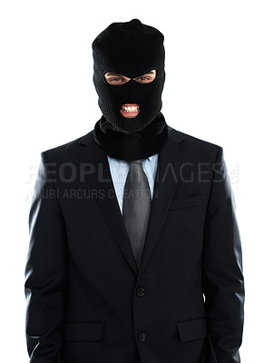 Buy stock photo Corporate, crime and mask portrait of businessman hiding identity for criminal behaviour. Worker corruption with balaclava for theft and scam in isolated studio with white background.

