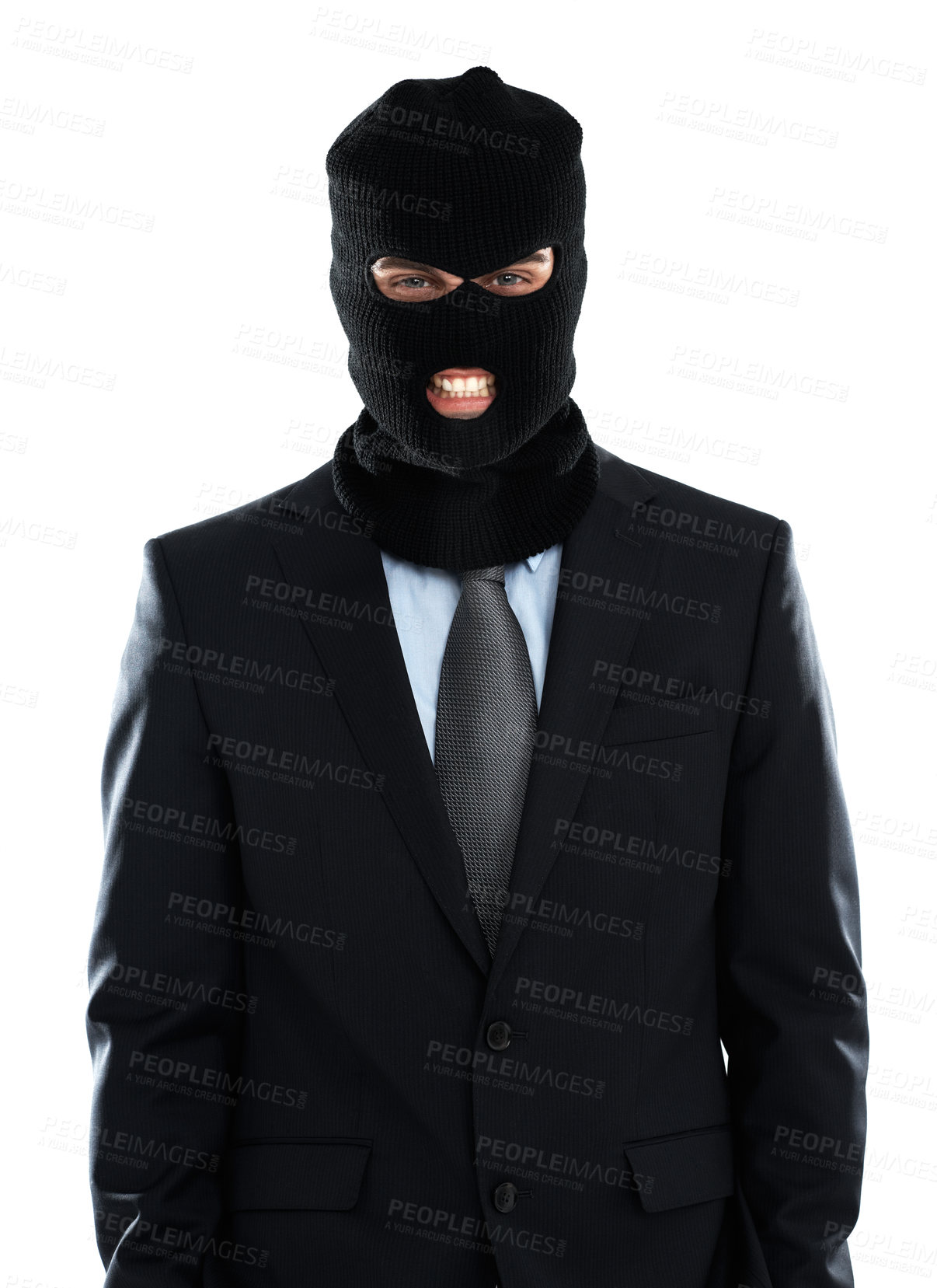 Buy stock photo Corporate, crime and mask portrait of businessman hiding identity for criminal behaviour. Worker corruption with balaclava for theft and scam in isolated studio with white background.

