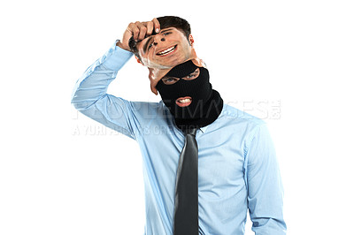 Buy stock photo Corruption, crime and criminal mask portrait of worker hiding identity for fraud behaviour. Corporate businessman with balaclava for theft, scam or burglary on isolated white background.

