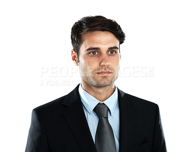 Buy stock photo Face, vision and mockup with a business man in studio isolated on a white background for future growth. Mission, mindset and focus with a male employee looking serious while posing on blank space