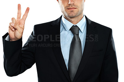 Buy stock photo Hand, peace and businessman in studio, winner and mindset standing on white background space. Peace sign, emoji and young entrepreneur confident about startup, idea and career goal while isolated