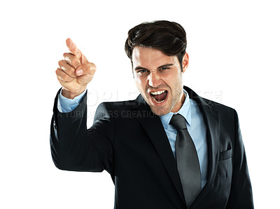 Buy stock photo Shouting, hand pointing and angry man portrait of a business employee with white background. Frustrated, anger and shouting scream with hand gesture about work, stress and career mistake in studio