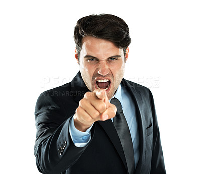 Buy stock photo Shout, hand point and angry business man portrait of a employee screaming with white background. Frustrated, anger and shouting with hand gesture about work, stress and career mistake in studio