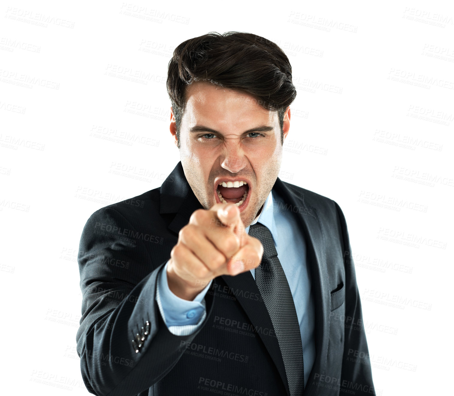 Buy stock photo Shout, hand point and angry business man portrait of a employee screaming with white background. Frustrated, anger and shouting with hand gesture about work, stress and career mistake in studio