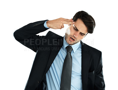 Buy stock photo Business, man and gun gesture for depression, financial crisis and employee isolated on white studio background. Young person, male entrepreneur and leader shooting head, frustrated and mental health