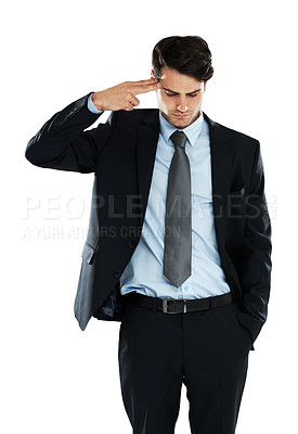 Buy stock photo Depression, stress and businessman with finger gun to the head in studio against white background. Anxiety, suicide and young entrepreneur suffering mental breakdown after business fail and isolated