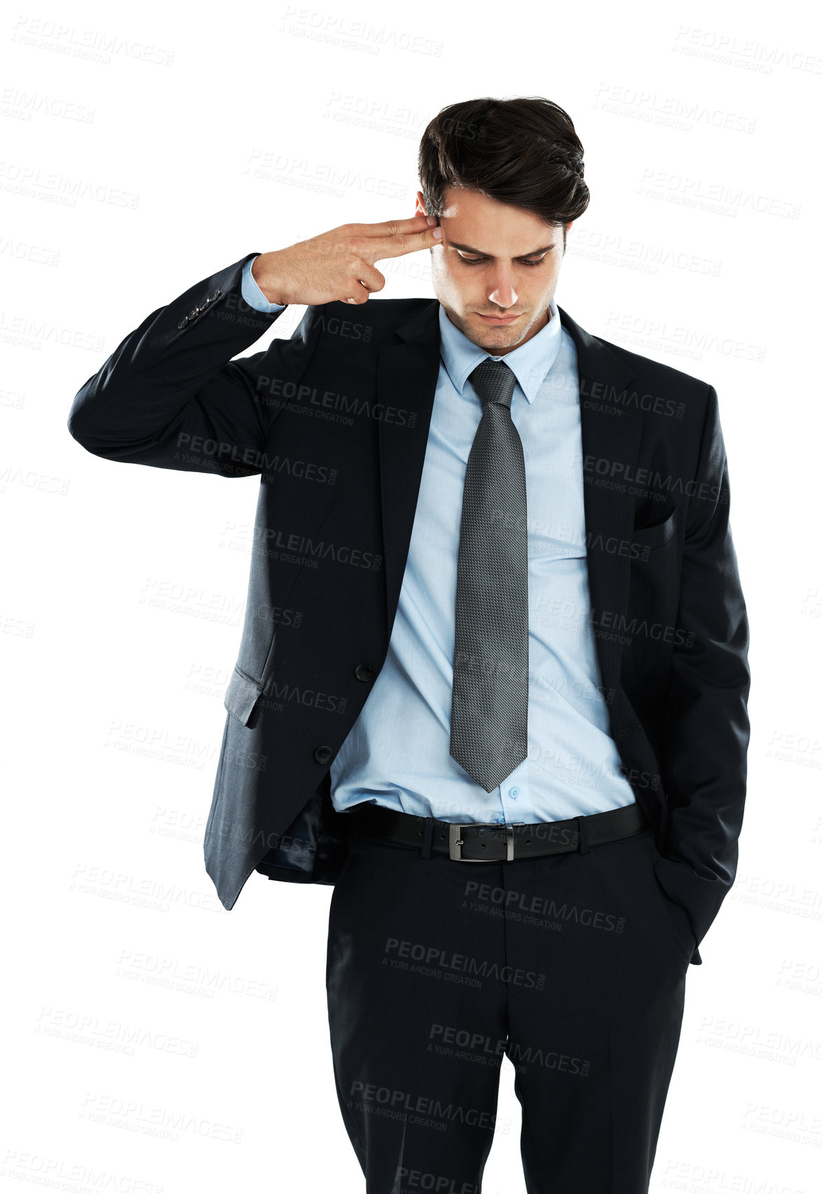 Buy stock photo Depression, stress and businessman with finger gun to the head in studio against white background. Anxiety, suicide and young entrepreneur suffering mental breakdown after business fail and isolated