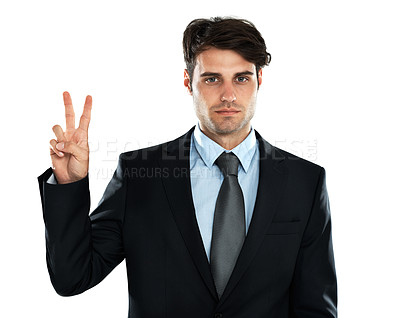 Buy stock photo Hand sign, peace and businessman with ambition in studio for vision, mindset and white background. Peace sign, emoji and young entrepreneur serious about startup, idea and career goal while isolated