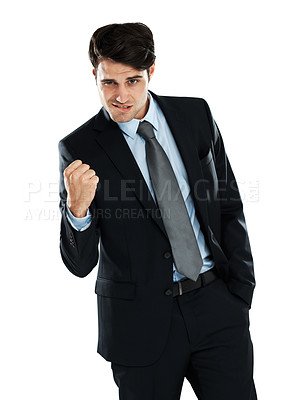 Buy stock photo Fist pump celebration, portrait and business man celebrate corporate victory, winning achievement or profit success. Winner pride, bonus salary and cocky studio lawyer or salesman on white background