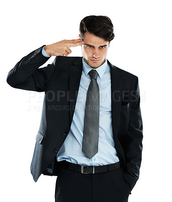 Buy stock photo Businessman, depression and hand gun to the head in studio for stress against a white background. Anxiety, suicide and young entrepreneur suffering mental breakdown after business fail and isolated