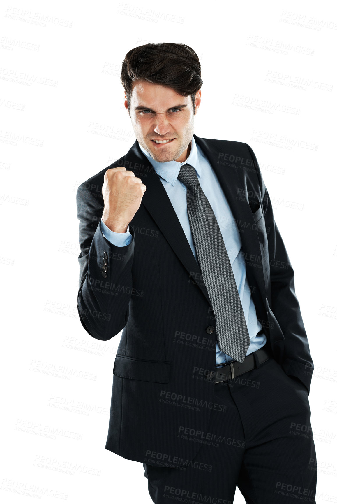 Buy stock photo Fist pump celebration, portrait and businessman celebrate corporate victory, winning achievement or profit success. Winner pride, bonus salary and cocky studio lawyer or salesman on white background