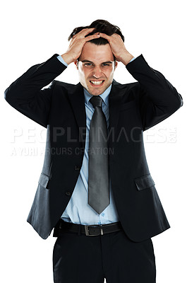 Buy stock photo Stress, anxiety and mental health of business man in studio isolated on a white background. Burnout, depression and portrait of sad male employee from Canada after bad news, deal or financial crisis