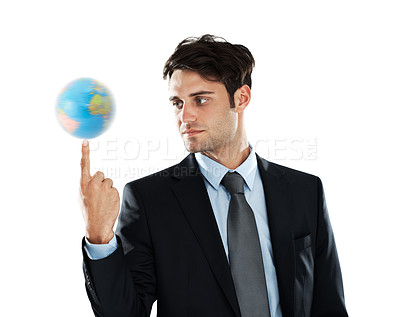 Buy stock photo Globe, businessman and earth on finger, sustainability in international industry isolated on white background. Balance, global focus and man with planet in hand, worldwide corporate success in studio