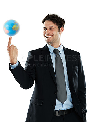Buy stock photo Globe spinning, business employee and man of global employee with earth, planet and sphere. Manager smile, international success and corporate suit of worker happy with isolated white background 