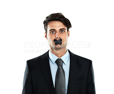 Buy stock photo Secret, silence and portrait of a businessman with tape on lips isolated on a white background. Quiet, hostage and silenced employee with covered mouth as an office worker on a studio background