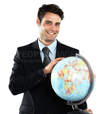 Buy stock photo Portrait of happy man holding globe, business and in international sustainability industry isolated on white background. Worldwide work and corporate logistics businessman with planet earth in hands.