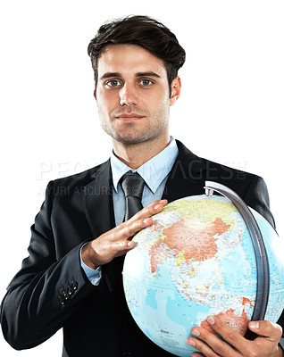Buy stock photo Global, business and man holding earth in studio portrait, international sustainability industry isolated on white background. worldwide work and corporate logistics businessman with planet in hands.
