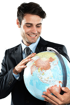 Buy stock photo Globe, earth and man employee with planet sphere feeling happy about global travel. International, person and happiness of a excited worker with isolated white background in a suit with a smile