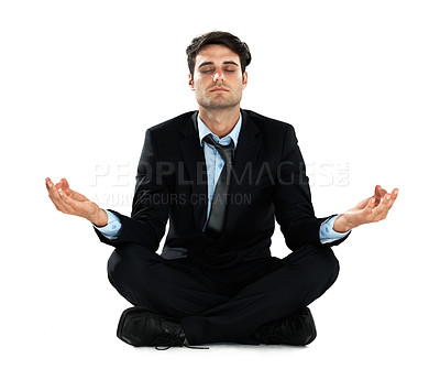 Buy stock photo Yoga meditation, relax and business man meditate for work stress relief, spiritual mental health or chakra energy healing. Lotus, zen mindset peace and employee mindfulness on white background studio