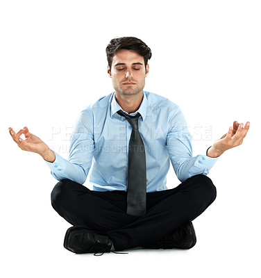 Buy stock photo Yoga meditation, relax and businessman meditate for work stress relief, spiritual mental health or chakra energy healing. Lotus, zen mindset peace and employee mindfulness on white background studio