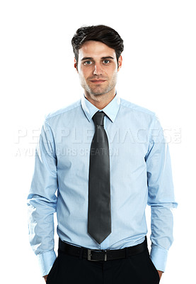 Buy stock photo Portrait, leader and businessman in studio with vision for future while standing on white background. Face, handsome and young entrepreneur motivated by startup goal, idea and career while isolated