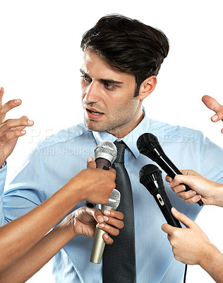 Buy stock photo Reporter, studio microphone and interview for businessman, government worker or corporate speaker. Speech, communication and hands of news journalist asking question to politician on white background