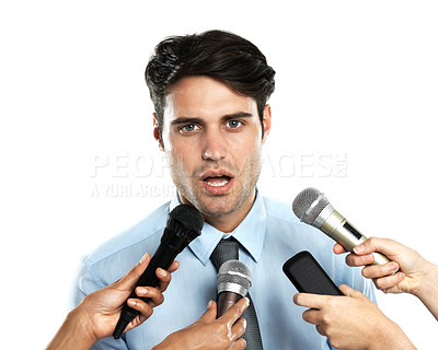 Buy stock photo Microphone, portrait and interview for business man, government worker or corporate speaker. Speech communication, reporter hands and news journalist question to politician on white background studio