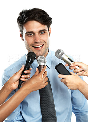 Buy stock photo Reporter, microphone and interview for happy businessman, government worker or corporate speaker. Speech, communication and hands of news journalist question to politician on white background studio