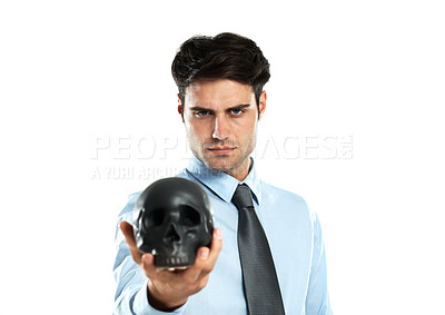 Buy stock photo Portrait, black skull and business man in studio for death, symbol and failure against a white background. Face, fail and man showing human head for manipulation, emoji and bad luck while isolated