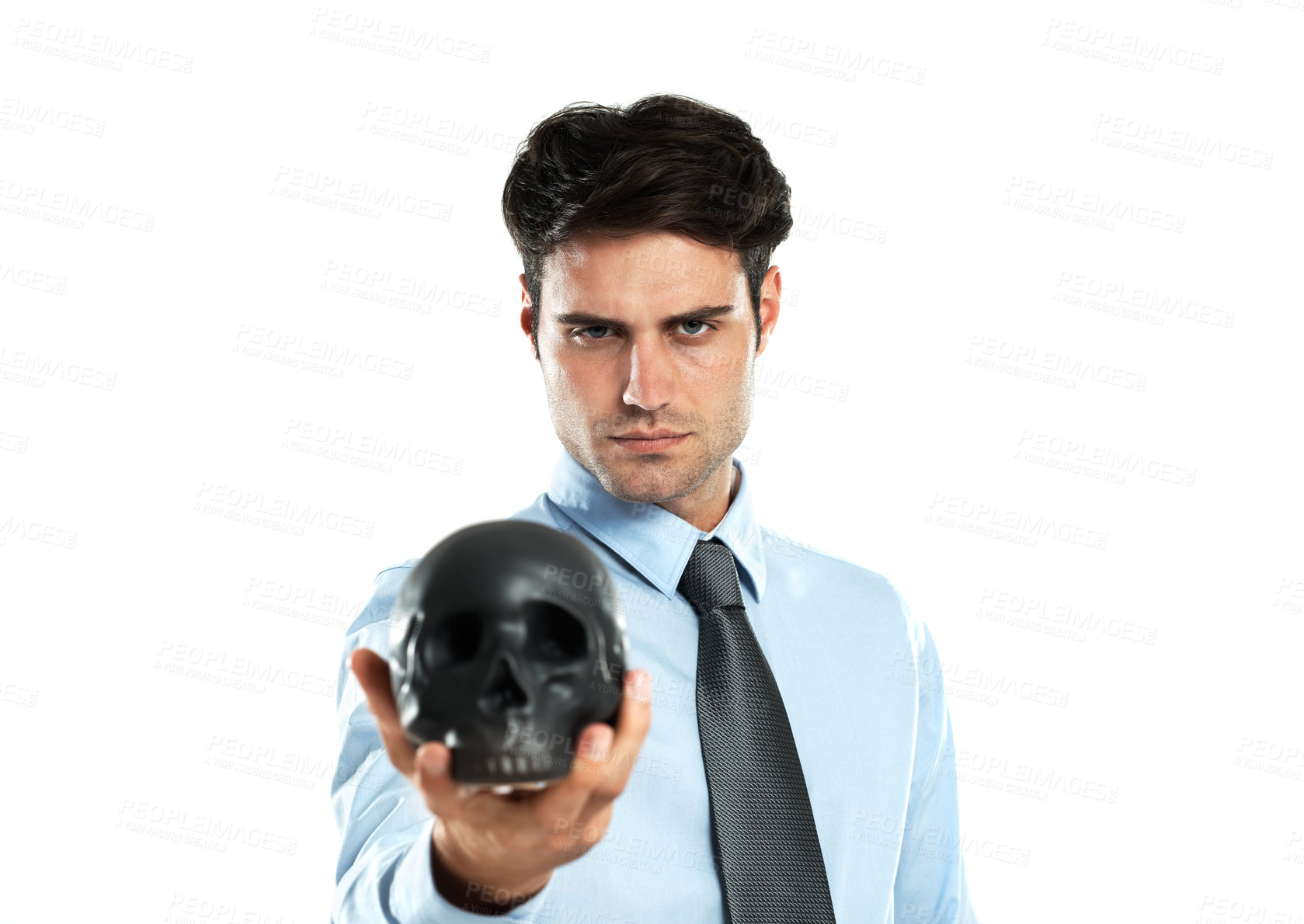 Buy stock photo Portrait, black skull and business man in studio for death, symbol and failure against a white background. Face, fail and man showing human head for manipulation, emoji and bad luck while isolated