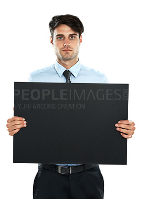 Buy stock photo Placard mockup, studio and portrait of businessman with marketing poster, advertising banner or product placement space. Billboard paper mock up, promotion sign and sales model on white background