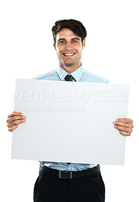 Buy stock photo Placard mockup, happiness and portrait businessman with marketing poster, advertising banner or product placement space. Billboard sign, studio mock up and sales model isolated on white background